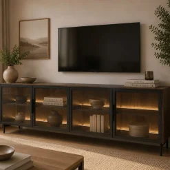 Mobili Porta Tv > Dmora Mobile Porta tv Marrone Noce Nero Antracite un Ripiano 2 Ante 180x40x45h cm, 4 Vani - Fonni Nero Antracite, Marrone Noce