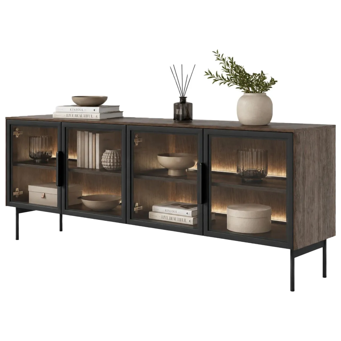 Mobile Porta tv Marrone Noce Nero 3 Ripiani 4 Ante 181x39x62h cm, con led - Kalerora