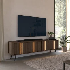 Mobili Porta Tv > Dmora Mobile Porta tv Marrone Noce Noce Antracite 2 Ripiani 5 Vani 156x30x40h cm, Peso Supportato 40 kg - Zubiena Nero Antracite, Marrone Noce