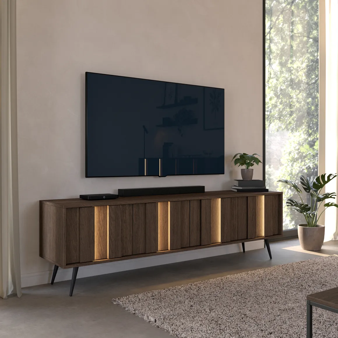 Mobili Porta Tv > Dmora Mobile Porta tv Marrone Noce Noce Antracite 2 Ripiani 5 Vani 156x30x40h cm, Peso Supportato 40 kg - Zubiena Nero Antracite, Marrone Noce