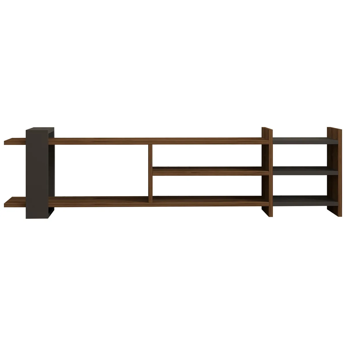 Mobili Porta Tv > Dmora Mobile Porta tv Marrone Noce Noce Antracite 2 Ripiani 5 Vani 156x30x40h cm, Peso Supportato 40 kg - Zubiena Nero Antracite, Marrone Noce