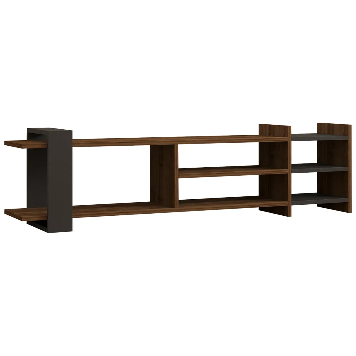 Mobili Porta Tv > Dmora Mobile Porta tv Marrone Noce Noce Antracite 2 Ripiani 5 Vani 156x30x40h cm, Peso Supportato 40 kg - Zubiena Nero Antracite, Marrone Noce