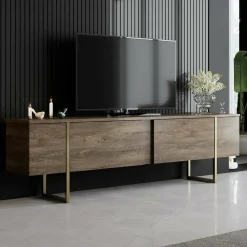 Mobile Porta tv Marrone Noce oro Cassetti un Ripiano 180x30x50h cm, 2 Ante - Abishia