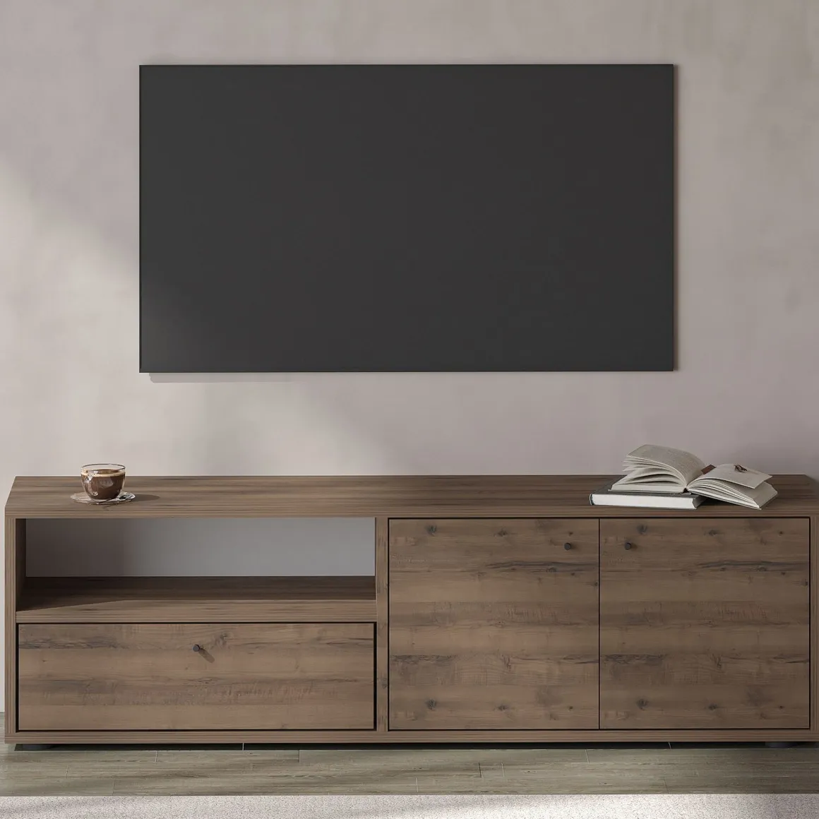 Mobile Porta tv Marrone Noce 2 Ripiani 3 Ante 136x35x42h cm, 4 Vani - Partanna