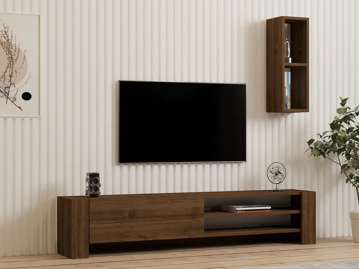 Mobile Porta tv Marrone Noce 2 Ripiani Apertura a Ribalta 160x27x33h cm, Un'anta - Cuorgne