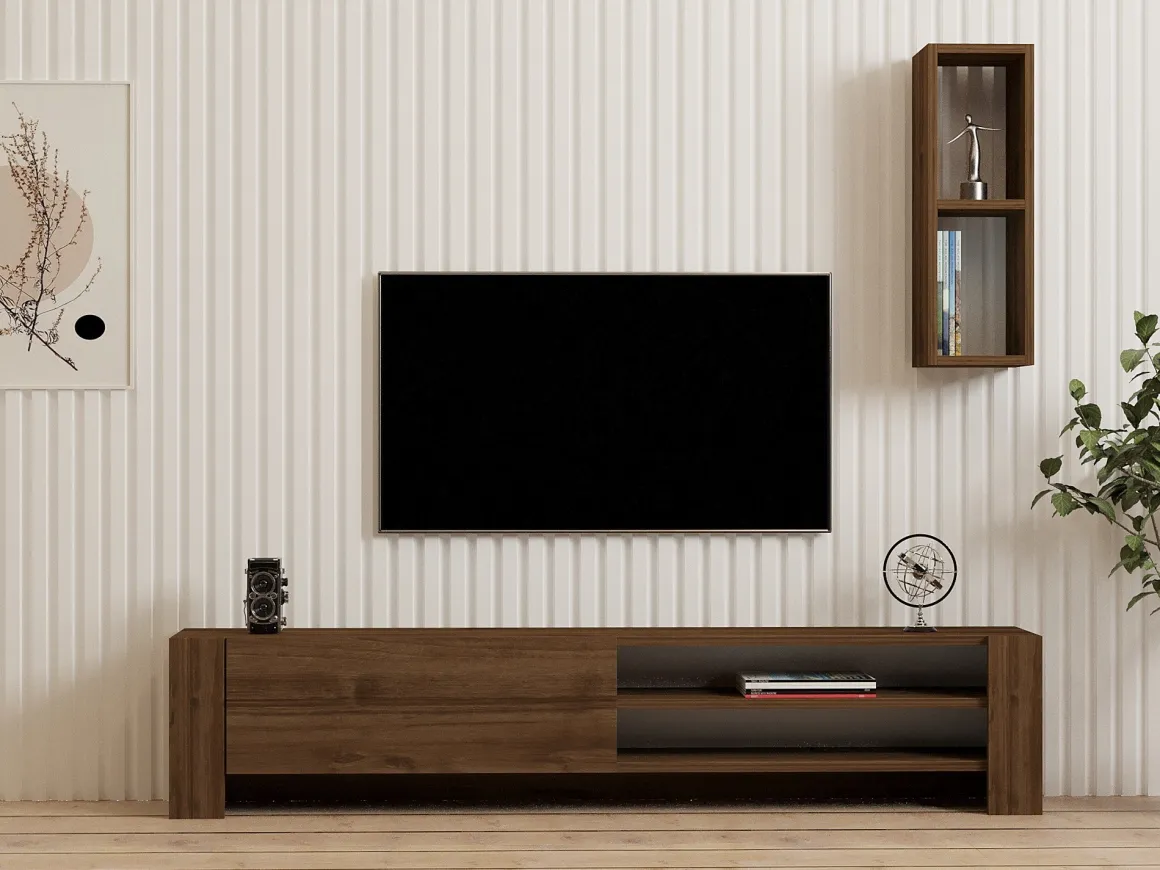 Mobile Porta tv Marrone Noce 2 Ripiani Apertura a Ribalta 160x27x33h cm, Un'anta - Cuorgne