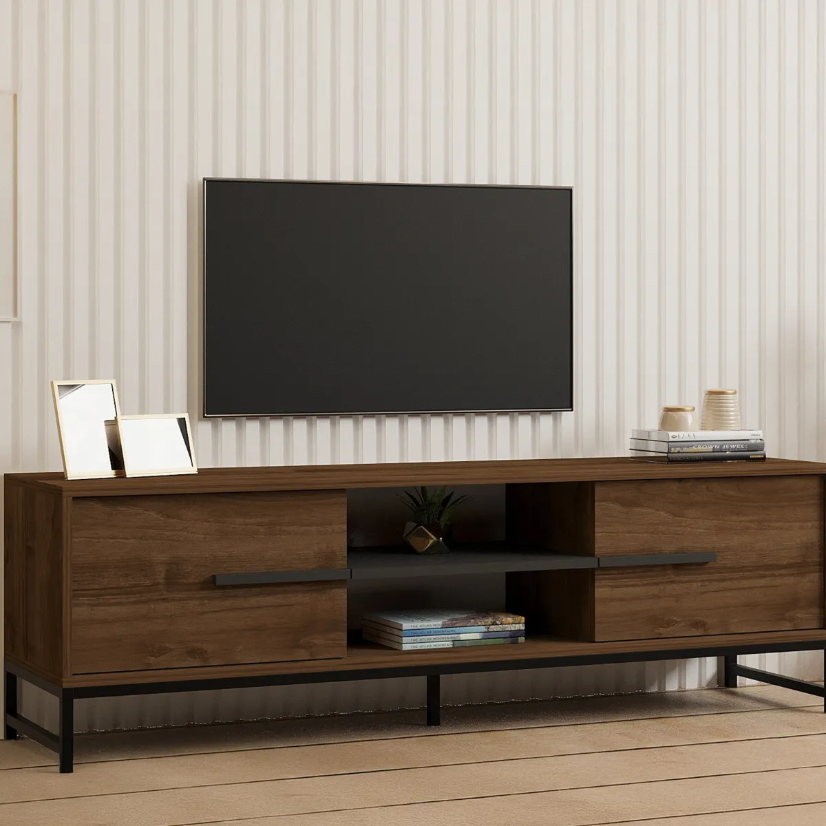 Mobili Porta Tv > Dmora Mobile Porta tv un Ripiano 2 Ante 160x40x50h cm, 4 Vani - Cinaglio Marrone Noce