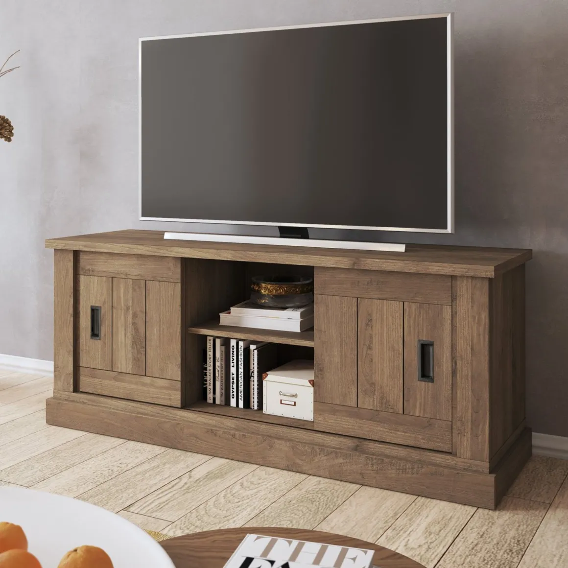 Mobili Porta Tv > Dmora Mobile Porta tv un Ripiano Apertura Battente, a Ribalta 192x37x53h cm, 3 Ante - Trasacco Marrone Noce