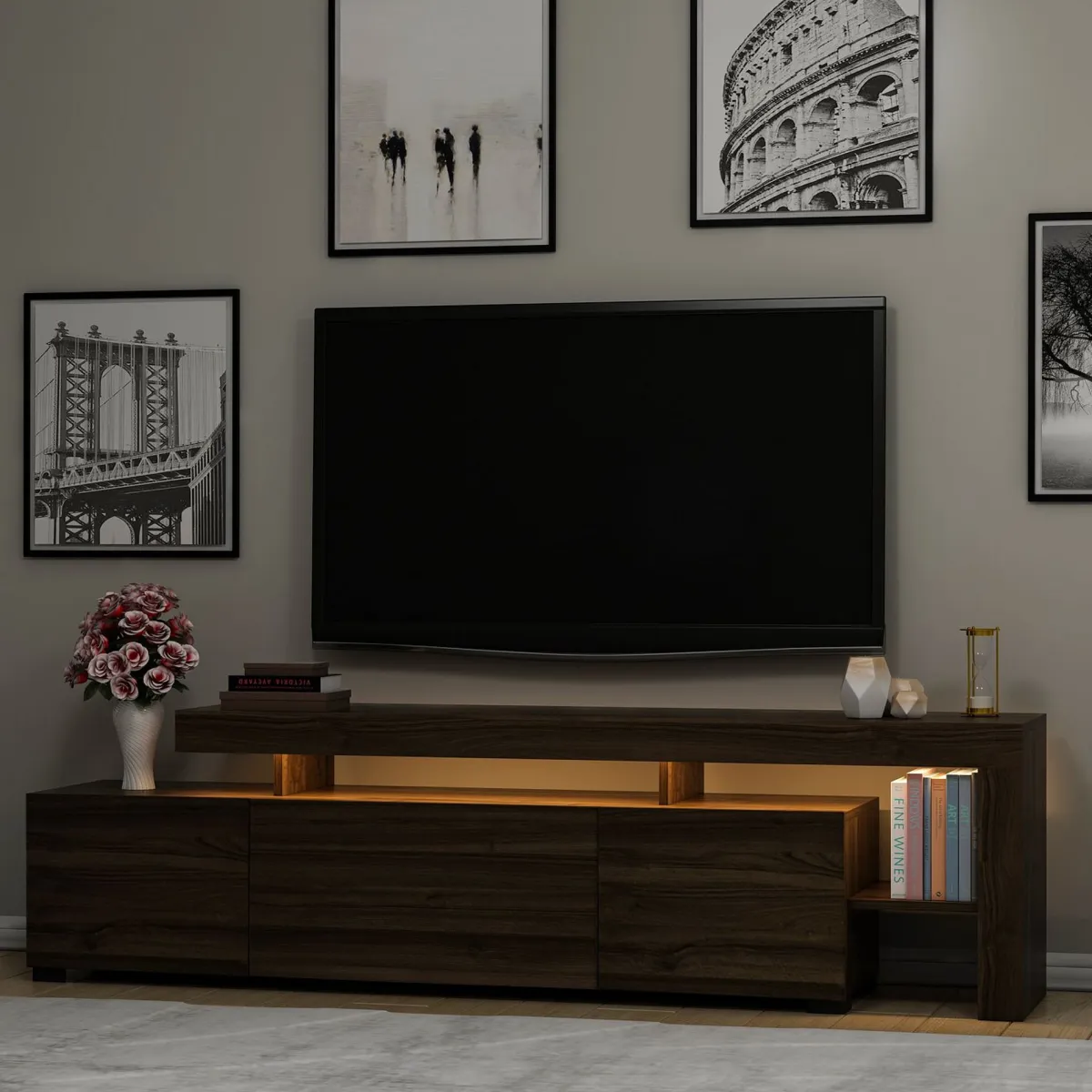 Mobili Porta Tv > Dmora Mobile Porta tv un Ripiano Apertura Battente, a Ribalta 192x37x53h cm, 3 Ante - Trasacco Marrone Noce