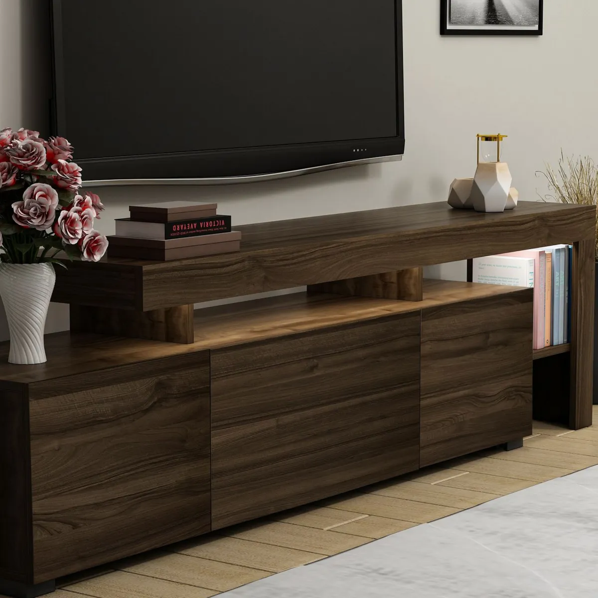 Mobili Porta Tv > Dmora Mobile Porta tv un Ripiano Apertura Battente, a Ribalta 192x37x53h cm, 3 Ante - Trasacco Marrone Noce