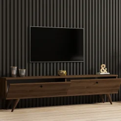 Mobili Porta Tv > Dmora Mobile Porta tv 2 Vani 2 Ante 160x25x40h cm, Apertura a Ribalta - Atestino Marrone Noce