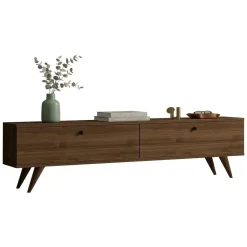 Mobili Porta Tv > Dmora Mobile Porta tv 2 Vani 2 Ante 160x25x40h cm, Apertura a Ribalta - Atestino Marrone Noce