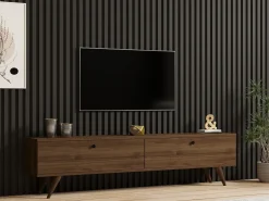 Mobili Porta Tv > Dmora Mobile Porta tv 2 Vani 2 Ante 160x25x40h cm, Apertura a Ribalta - Atestino Marrone Noce