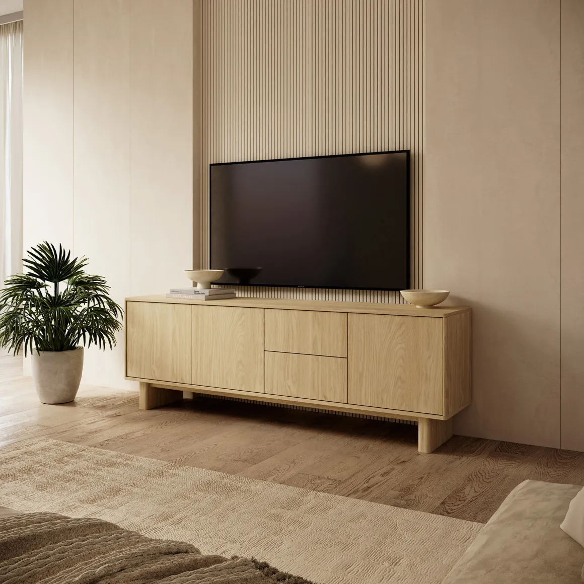Mobile Porta tv Marrone Rovere 2 Cassetti un Ripiano 183x38x62h cm, 3 Ante - Kamani