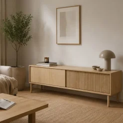 Mobile Porta tv Marrone Rovere 2 Ripiani 2 Ante 154x40x52h cm, Ante Effetto Rigato - Kami
