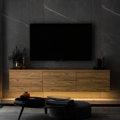 Mobili Porta Tv > Dmora Mobile Porta tv 3 Vani 3 Ante 160x32x35h cm, Apertura a Ribalta - Surrigone Marrone Rovere