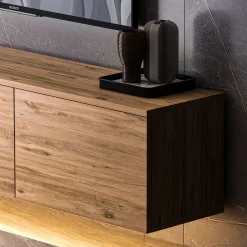 Mobili Porta Tv > Dmora Mobile Porta tv 3 Vani 3 Ante 160x32x35h cm, Apertura a Ribalta - Surrigone Marrone Rovere
