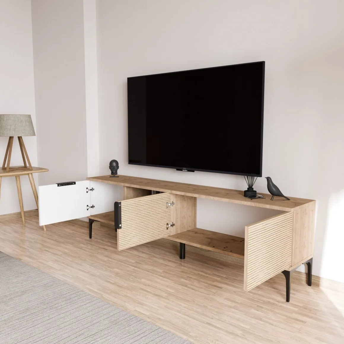 Mobili Porta Tv > Dmora Mobile Porta tv Marrone Rovere Bianco un Ripiano 3 Vani 120x40x45h cm, Un'anta - Pigra Bianco, Marrone Rovere
