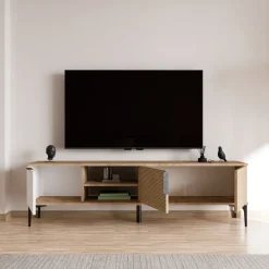 Mobili Porta Tv > Dmora Mobile Porta tv Marrone Rovere Bianco un Ripiano 3 Vani 120x40x45h cm, Un'anta - Pigra Bianco, Marrone Rovere