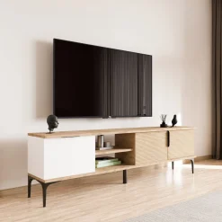 Mobili Porta Tv > Dmora Mobile Porta tv Marrone Rovere Bianco un Ripiano 3 Vani 120x40x45h cm, Un'anta - Pigra Bianco, Marrone Rovere