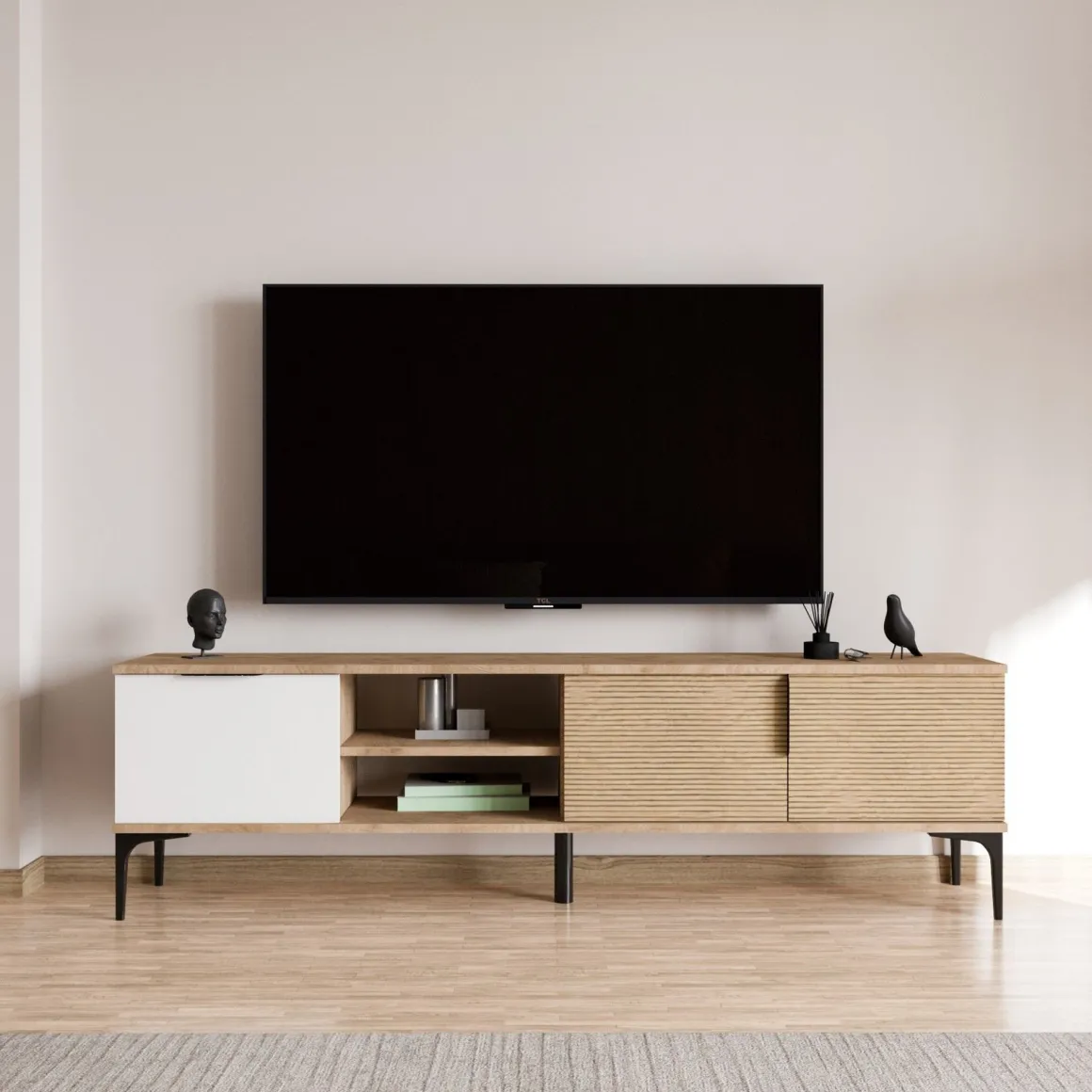 Mobili Porta Tv > Dmora Mobile Porta tv Marrone Rovere Bianco un Ripiano 3 Vani 120x40x45h cm, Un'anta - Pigra Bianco, Marrone Rovere
