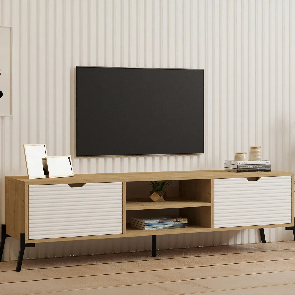 Mobile Porta tv Marrone Rovere Bianco un Ripiano 4 Vani 160x40x41h cm, 2 Ante - Cinaglio