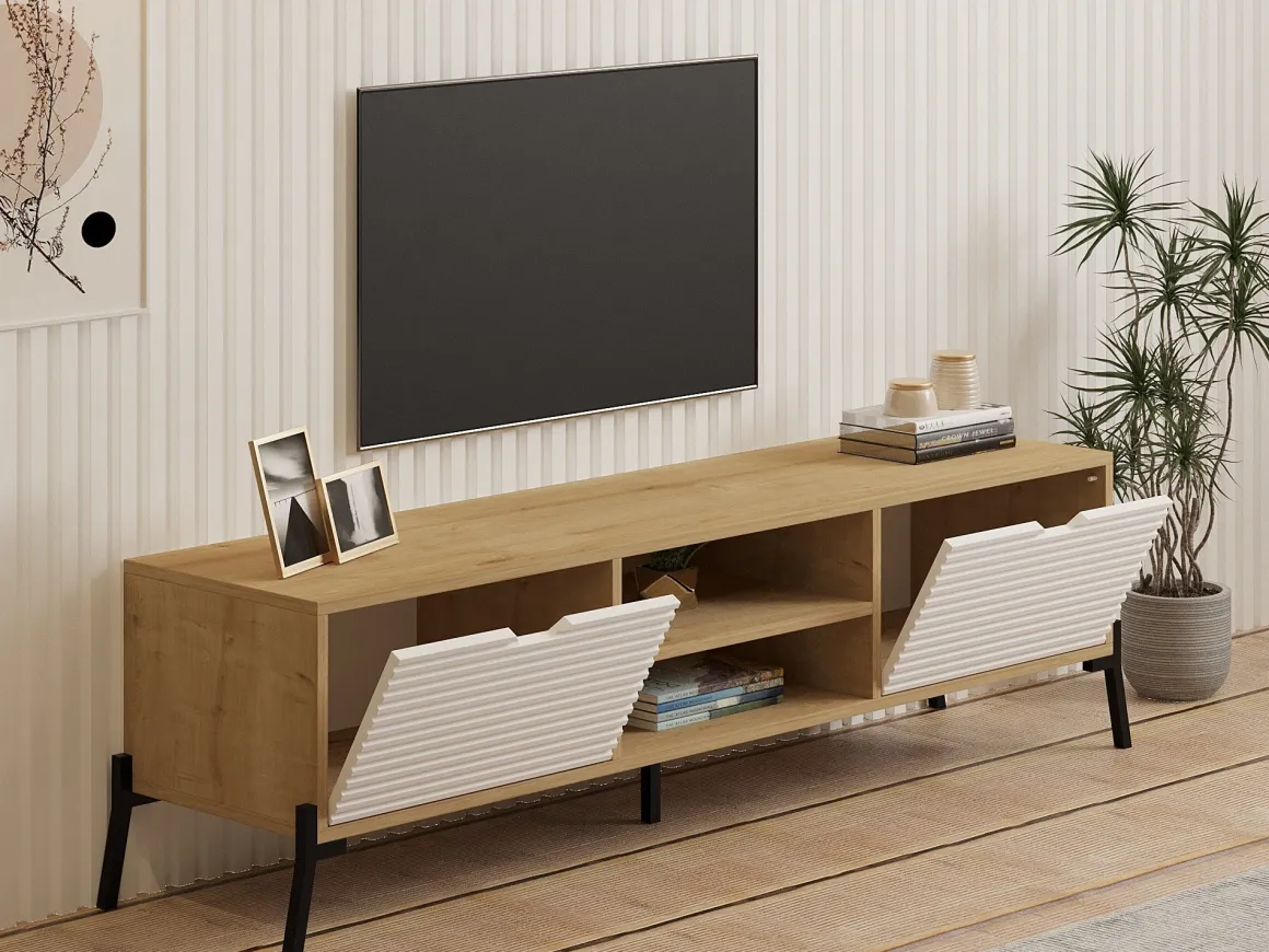 Mobile Porta tv Marrone Rovere Bianco un Ripiano 4 Vani 160x40x41h cm, 2 Ante - Cinaglio