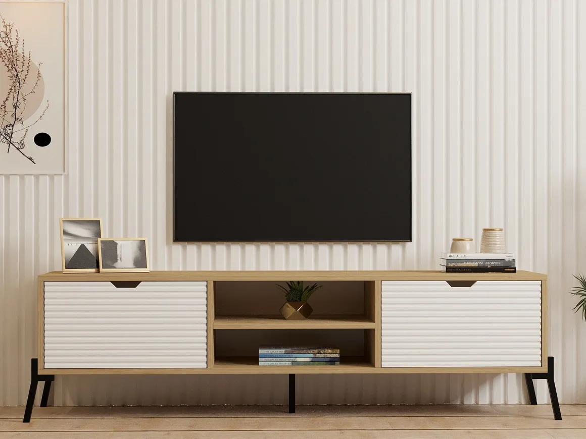 Mobile Porta tv Marrone Rovere Bianco un Ripiano 4 Vani 160x40x41h cm, 2 Ante - Cinaglio