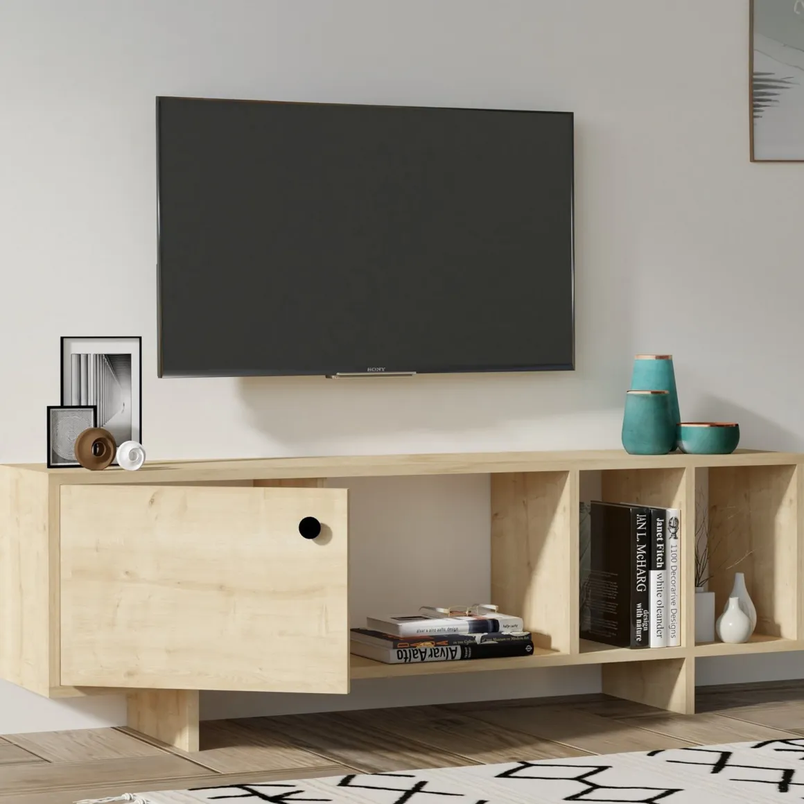 Mobile Porta tv Marrone Rovere Chiaro 4 Vani Un'anta 140x29x45h cm, Apertura Battente - Pralormo