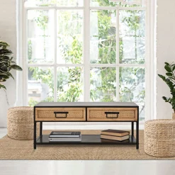 Mobile Porta tv Marrone Rovere Nero 2 Cassetti 2 Ripiani 95x38x38h cm, Finiture in Rattan - Boquete