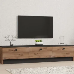 Mobile Porta tv Marrone Rovere Nero 3 Ante Apertura a Ribalta 160x35x35h cm, 3 Vani - Sovere