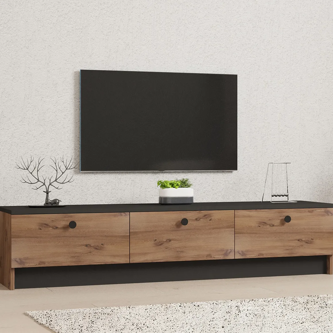 Mobili Porta Tv > Dmora Mobile Porta tv Marrone Rovere Nero Antracite 2 Ante Apertura a Ribalta 180x33x49h cm, 3 Vani - Imerese Nero Antracite, Marrone Rovere