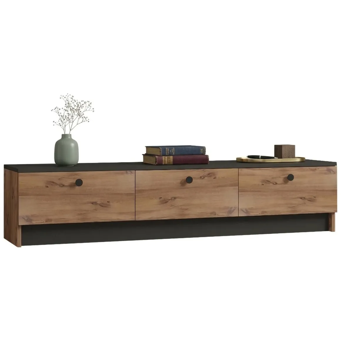 Mobili Porta Tv > Dmora Mobile Porta tv Marrone Rovere Nero Antracite 2 Ante Apertura a Ribalta 180x33x49h cm, 3 Vani - Imerese Nero Antracite, Marrone Rovere