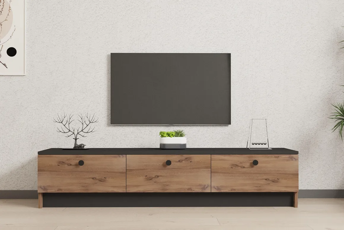 Mobili Porta Tv > Dmora Mobile Porta tv Marrone Rovere Nero Antracite 2 Ante Apertura a Ribalta 180x33x49h cm, 3 Vani - Imerese Nero Antracite, Marrone Rovere