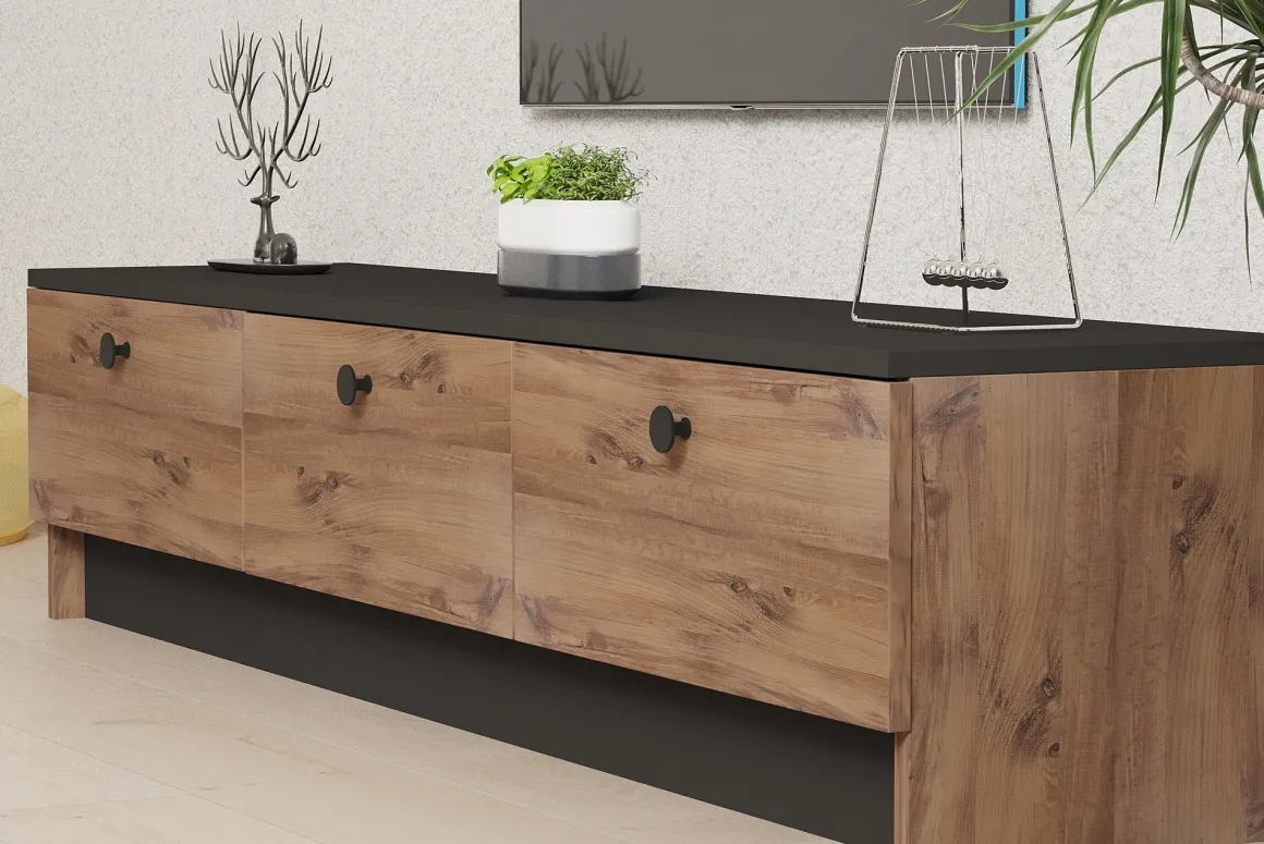 Mobili Porta Tv > Dmora Mobile Porta tv Marrone Rovere Nero Antracite 2 Ante Apertura a Ribalta 180x33x49h cm, 3 Vani - Imerese Nero Antracite, Marrone Rovere