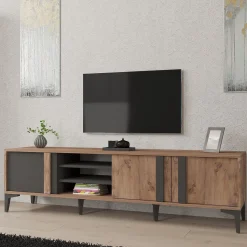 Mobile Porta tv Marrone Rovere Nero Antracite 2 Ripiani 3 Ante 180x40x50h cm, 6 Vani - Gruaro