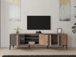 Mobile Porta tv Marrone Rovere Nero Antracite 2 Ripiani 3 Ante 180x40x50h cm, 6 Vani - Gruaro