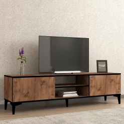 Mobile Porta tv Marrone Rovere Nero Antracite un Ripiano 2 Ante 180x40x50h cm, 4 Vani - Fonni