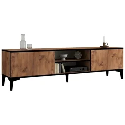 Mobile Porta tv Marrone Rovere Nero Antracite un Ripiano 2 Ante 180x40x50h cm, 4 Vani - Fonni