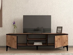 Mobile Porta tv Marrone Rovere Nero Antracite un Ripiano 2 Ante 180x40x50h cm, 4 Vani - Fonni