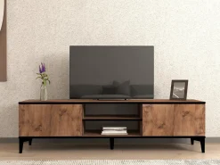 Mobile Porta tv Marrone Rovere Nero Antracite un Ripiano 2 Ante 180x40x50h cm, 4 Vani - Fonni