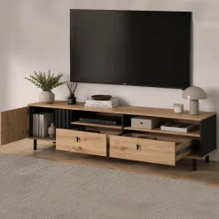 Mobile Porta tv Marrone Rovere Nodi Nero 2 Cassetti 3 Ripiani 165x40x49h cm, Un'anta - Kalese