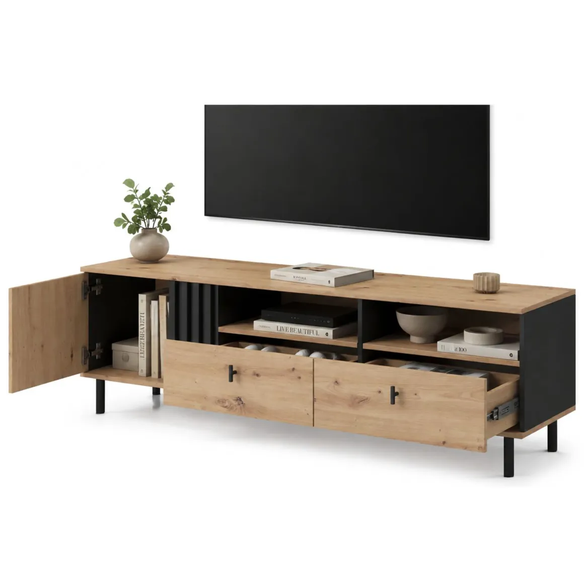 Mobile Porta tv Marrone Rovere Nodi Nero 2 Cassetti 3 Ripiani 165x40x49h cm, Un'anta - Kalese