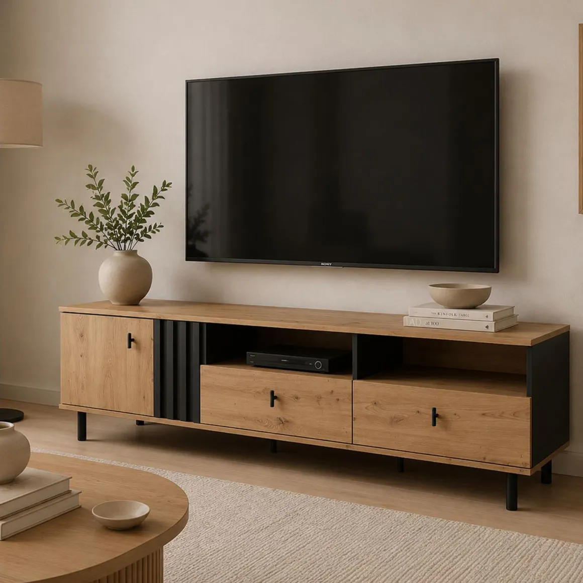 Mobile Porta tv Marrone Rovere Nodi Nero 2 Cassetti 3 Ripiani 165x40x49h cm, Un'anta - Kalese