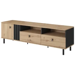 Mobile Porta tv Marrone Rovere Nodi Nero 2 Cassetti 3 Ripiani 165x40x49h cm, Un'anta - Kalese