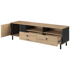 Mobile Porta tv Marrone Rovere Nodi Nero 2 Cassetti 3 Ripiani 165x40x49h cm, Un'anta - Kalese