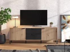 Mobile Porta tv Marrone Rovere Nodi Nero 2 Cassetti un Ripiano 157x40x54.5h cm, 2 Ante - Raiano