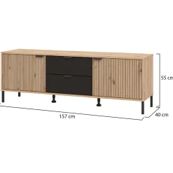 Mobile Porta tv Marrone Rovere Nodi Nero 2 Cassetti un Ripiano 157x40x54.5h cm, 2 Ante - Raiano