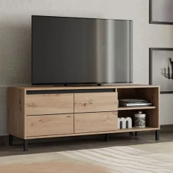 Mobili Porta Tv > Dmora Mobile Porta tv Marrone Rovere Nodi Nero 2 Ripiani 2 Ante 188x40x46h cm, Ripiano in Vetro - Kahadada Nero, Marrone Rovere Nodi