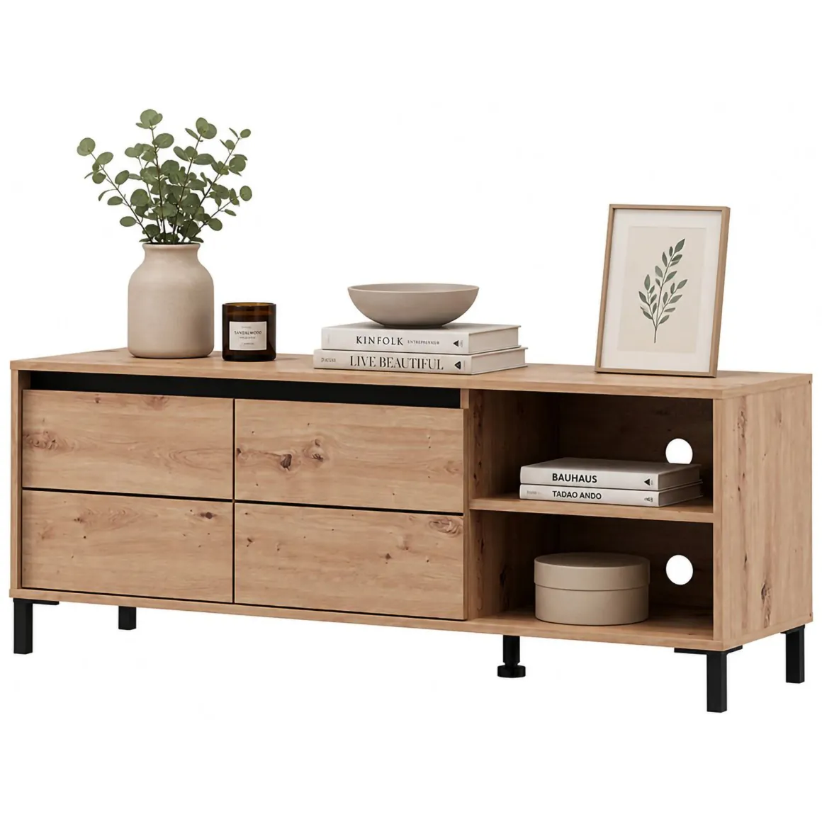 Mobile Porta tv Marrone Rovere Nodi Nero 2 Ripiani 2 Ante 138x40x52h cm, con Piedini - Cigno